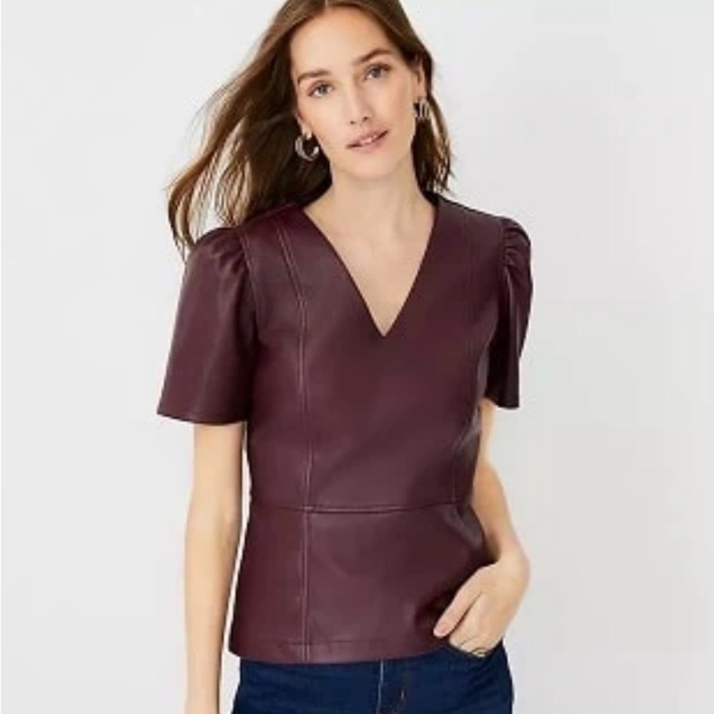 Ann Taylor Deep Burgundy Faux Leather V-Neck Blouse NWOT
